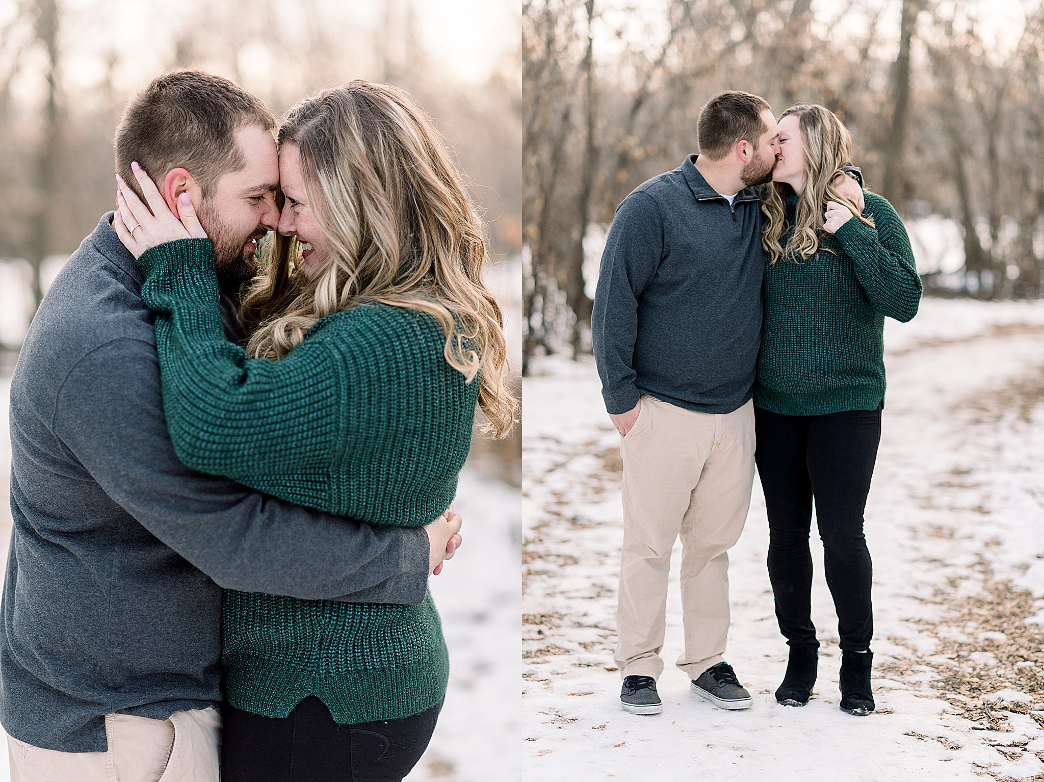 couple kissing during engagement session sioux falls south dakota engagement session in sertoma park