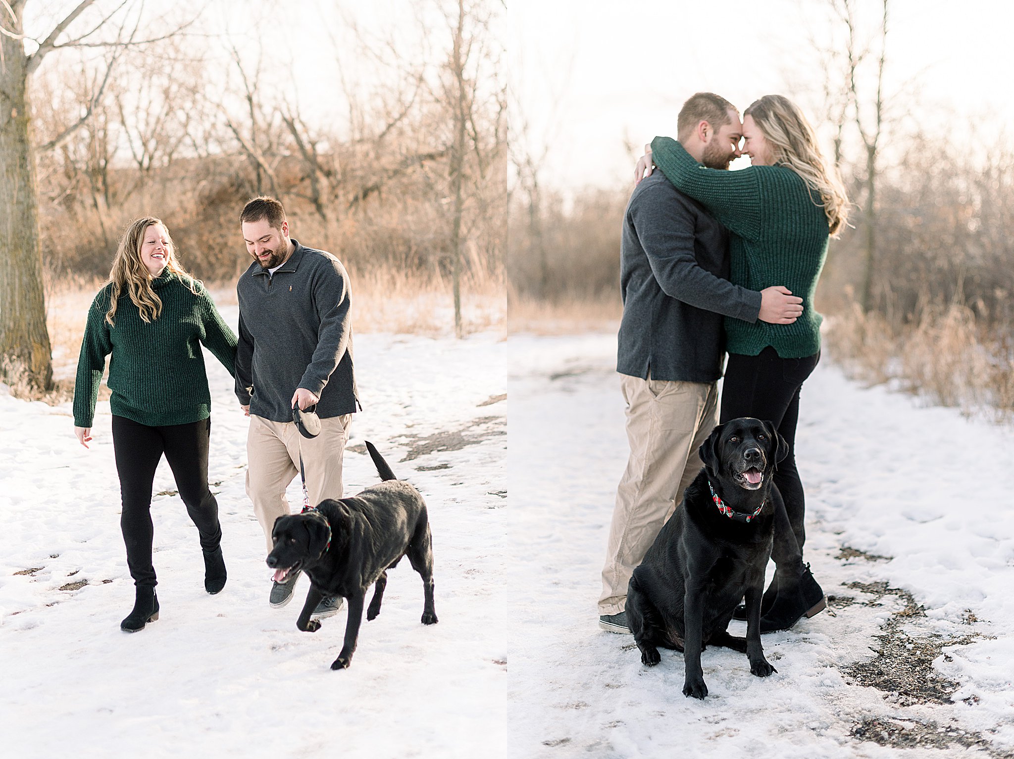 couple with dog during engagement session sioux falls south dakota engagement session in sertoma park