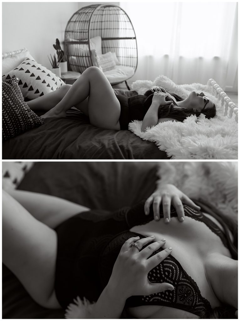 Woman in black lingering by Sioux Falls boudoir photographer