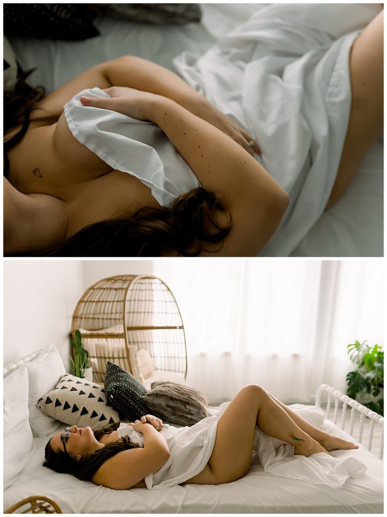 Sheet draped over woman by Sioux Falls boudoir photographer