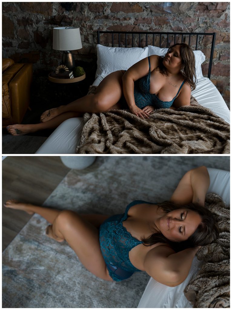 After Choosing Lingerie woman is laying in blue piece on bed