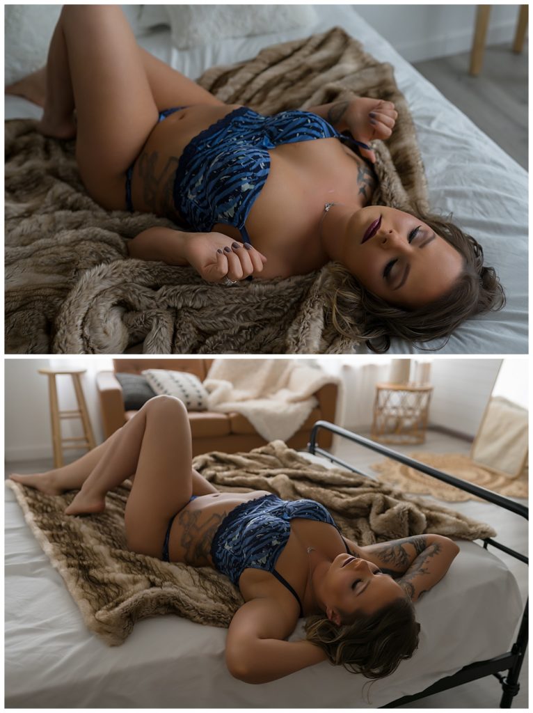 Woman lays on bed during The Emma Christine Boudoir Experience