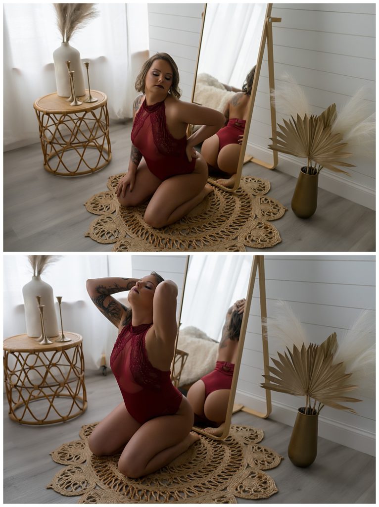 Woman kneeling in front of mirror for Emma Christine Photography