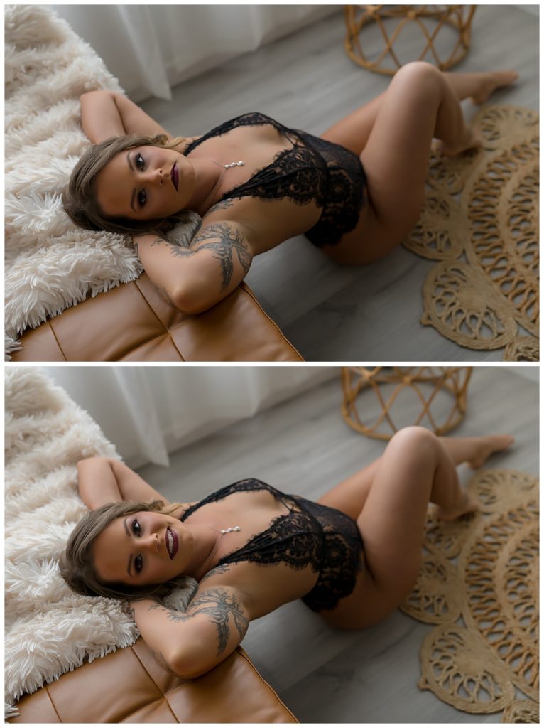 Woman laying against couch for South Dakota Boudoir Photographer 