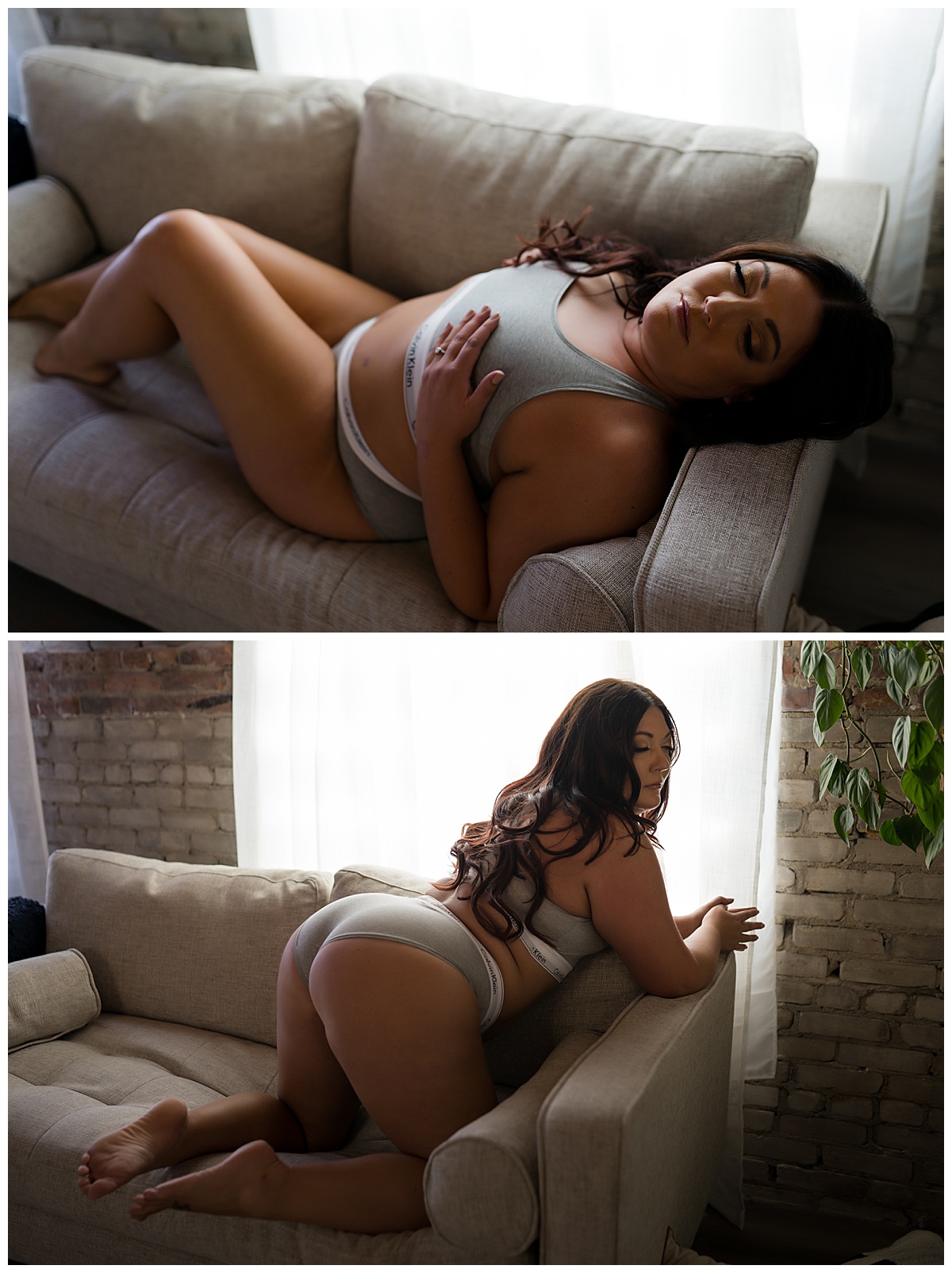 Client lays on and against couch for Sioux Falls Boudoir Photographer