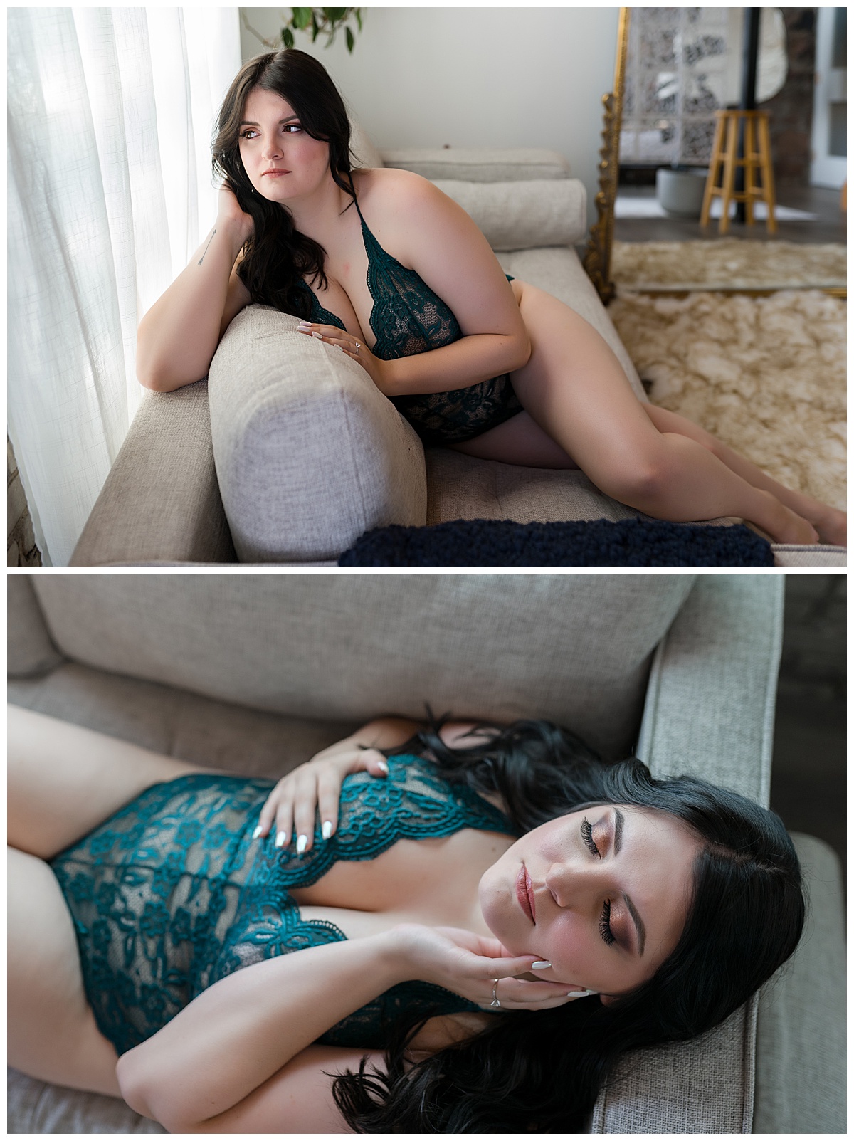 Looking out window, woman is in teal lingerie for South Dakota Boudoir Photographer