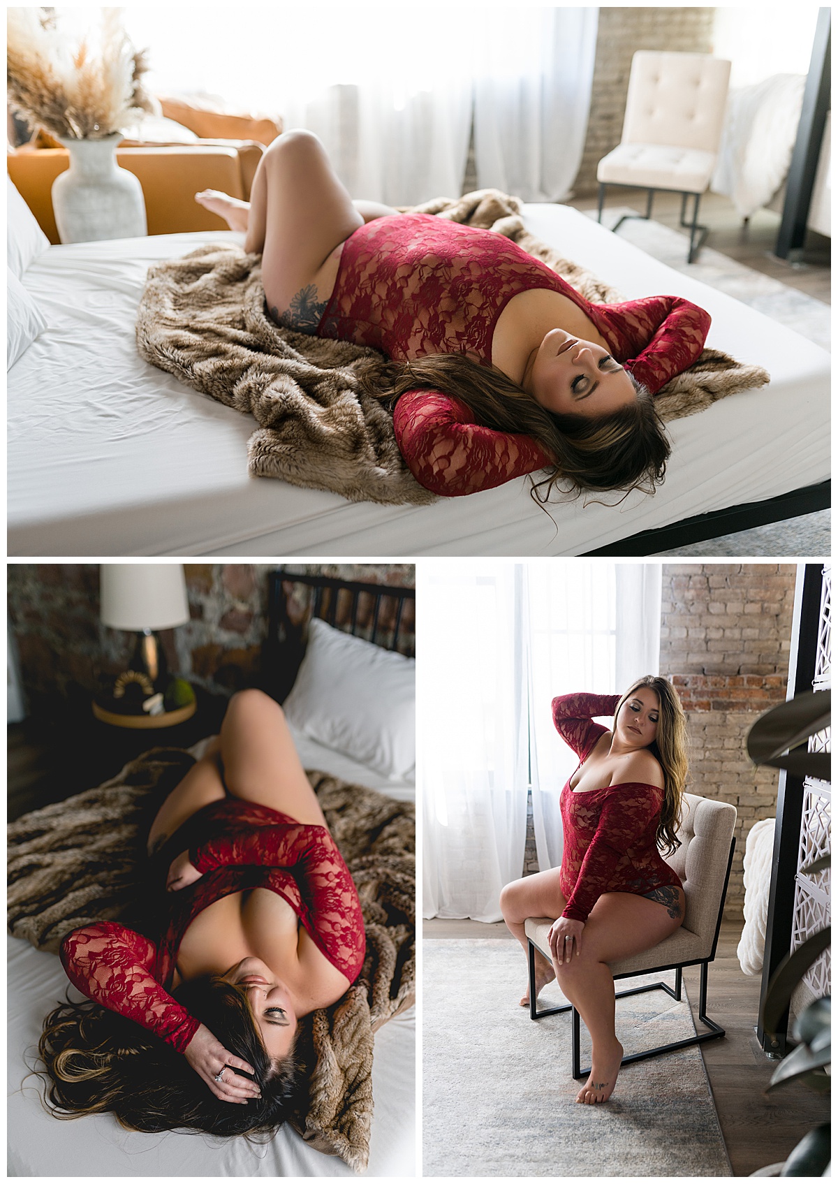 Female leans on chair and lays on bed for Emma Christine Photography
