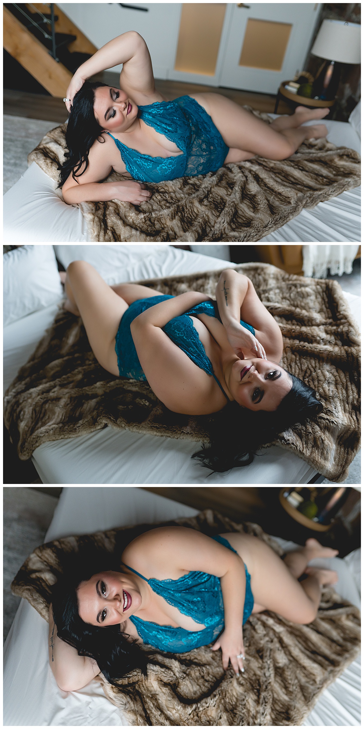 Lady lays on bed with fur blanket in jewel toned lingerie
