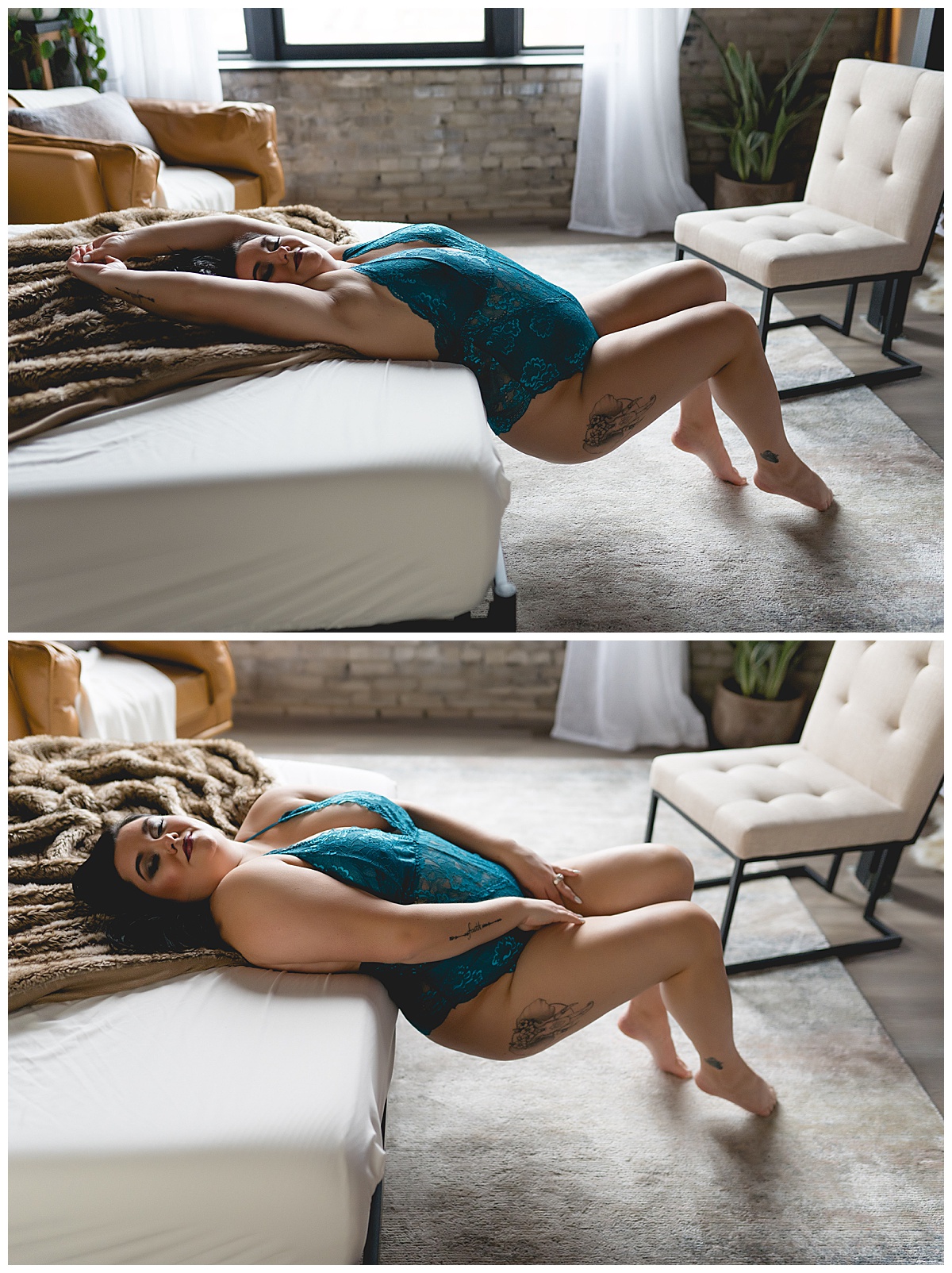 Woman leans over edge of bed for South Dakota Boudoir Photographer