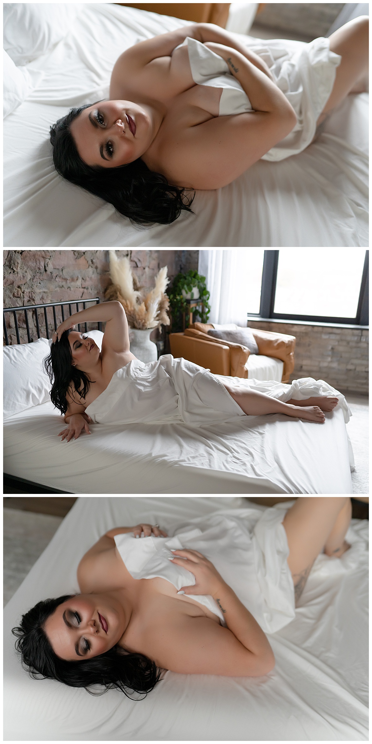 Woman is wrapped in white sheet for South Dakota Boudoir Photographer