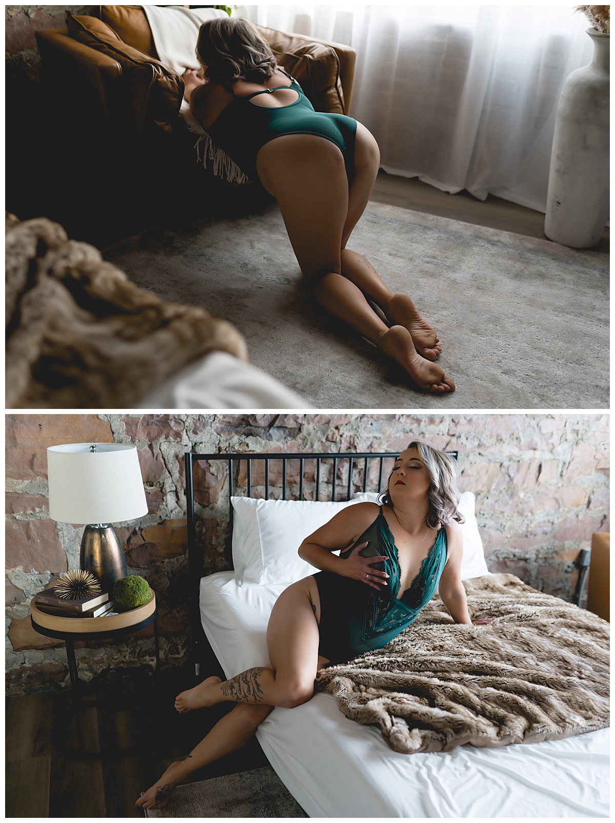 Female embraces herself in teal lingerie for Emma Christine Photography
