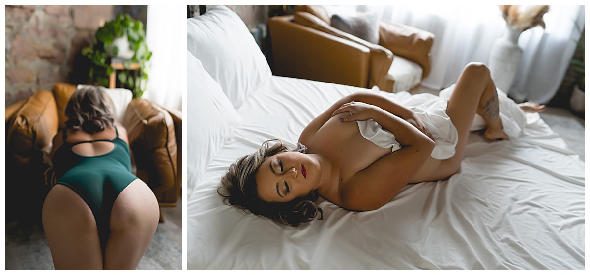 Woman leans over chair and lays on bed for South Dakota Boudoir Photographer