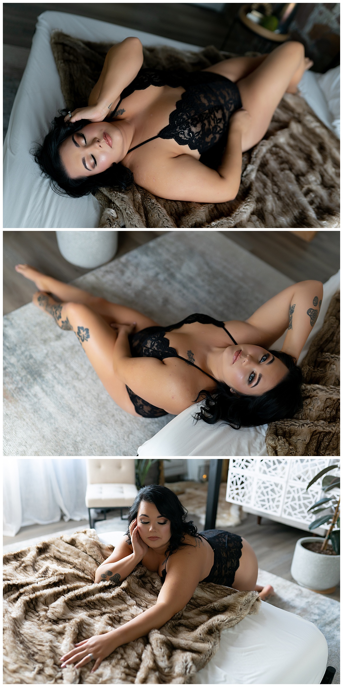 Adult leans against bed for Sioux Falls Boudoir Photographer