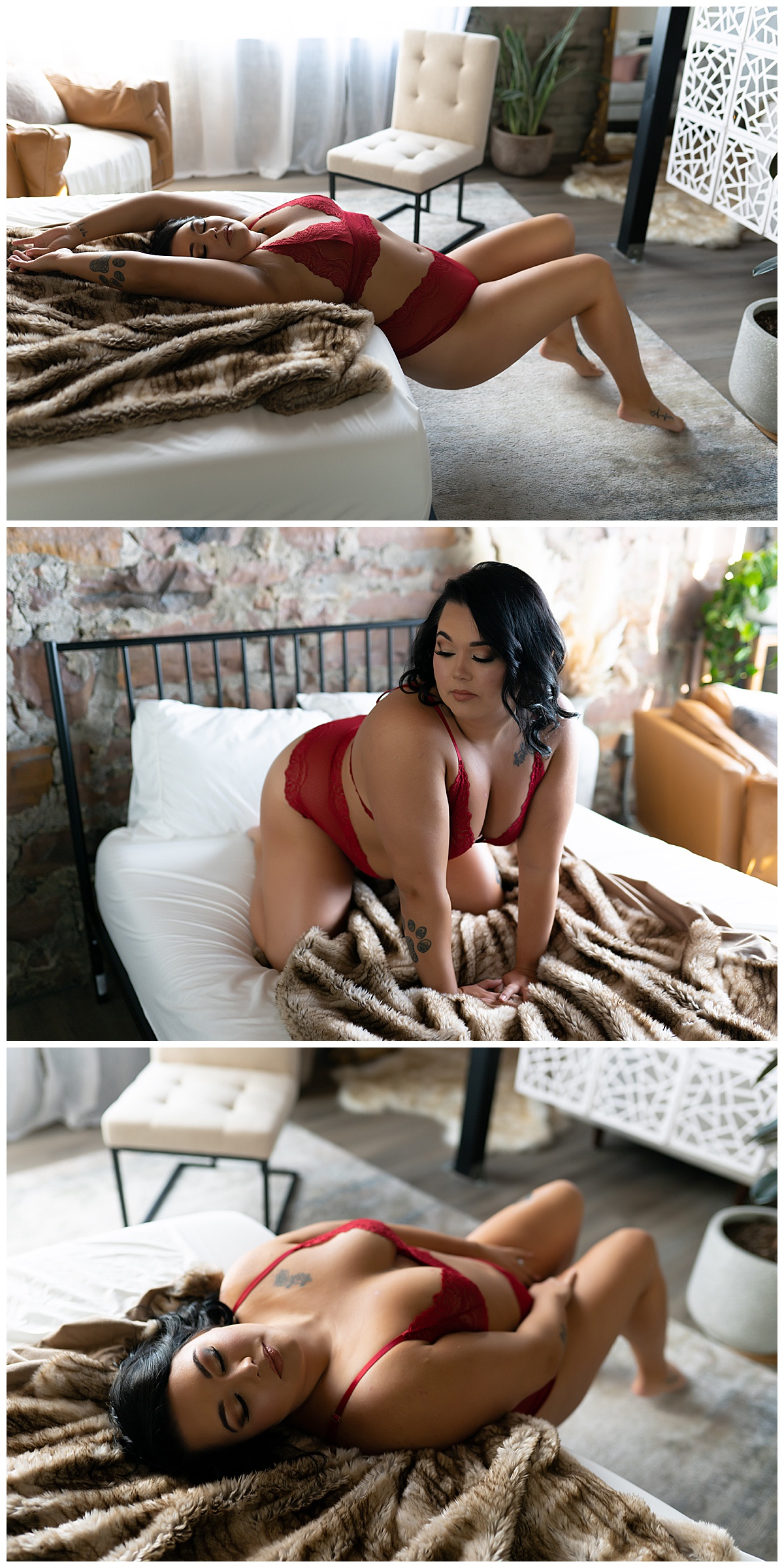 Brunette lays on bed for Emma Christine Photography