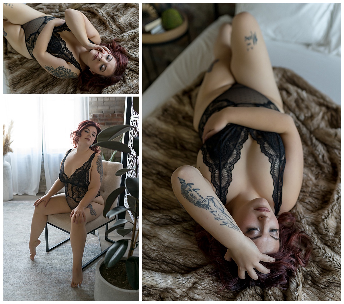 Female in black lingerie lays on blanket and sits on chair for Emma Christine Photography