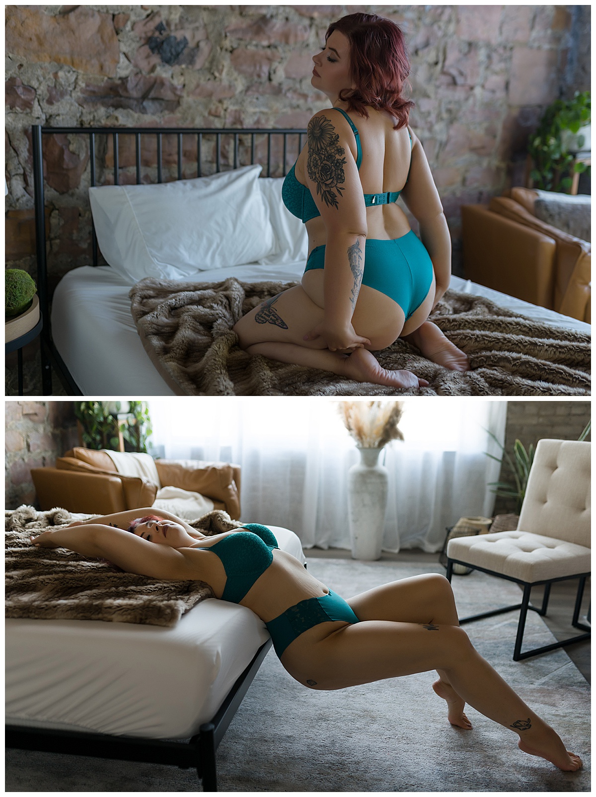 Female kneels and leans back over bed to feel encouraged and empowered