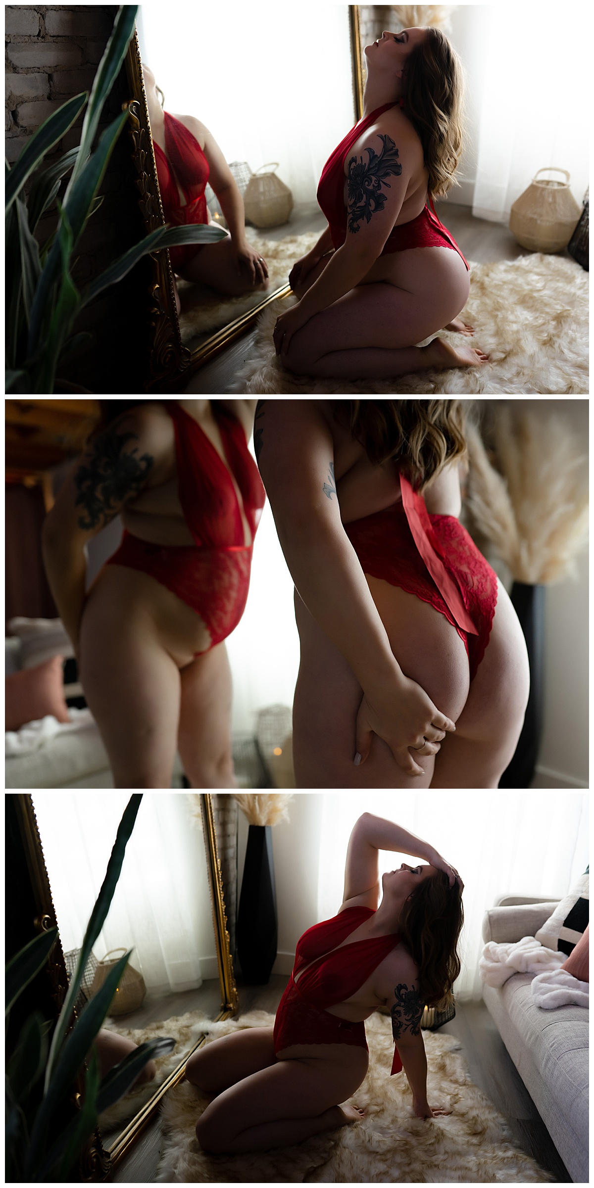 Woman in red lingerie near mirror during Celebrating You session 