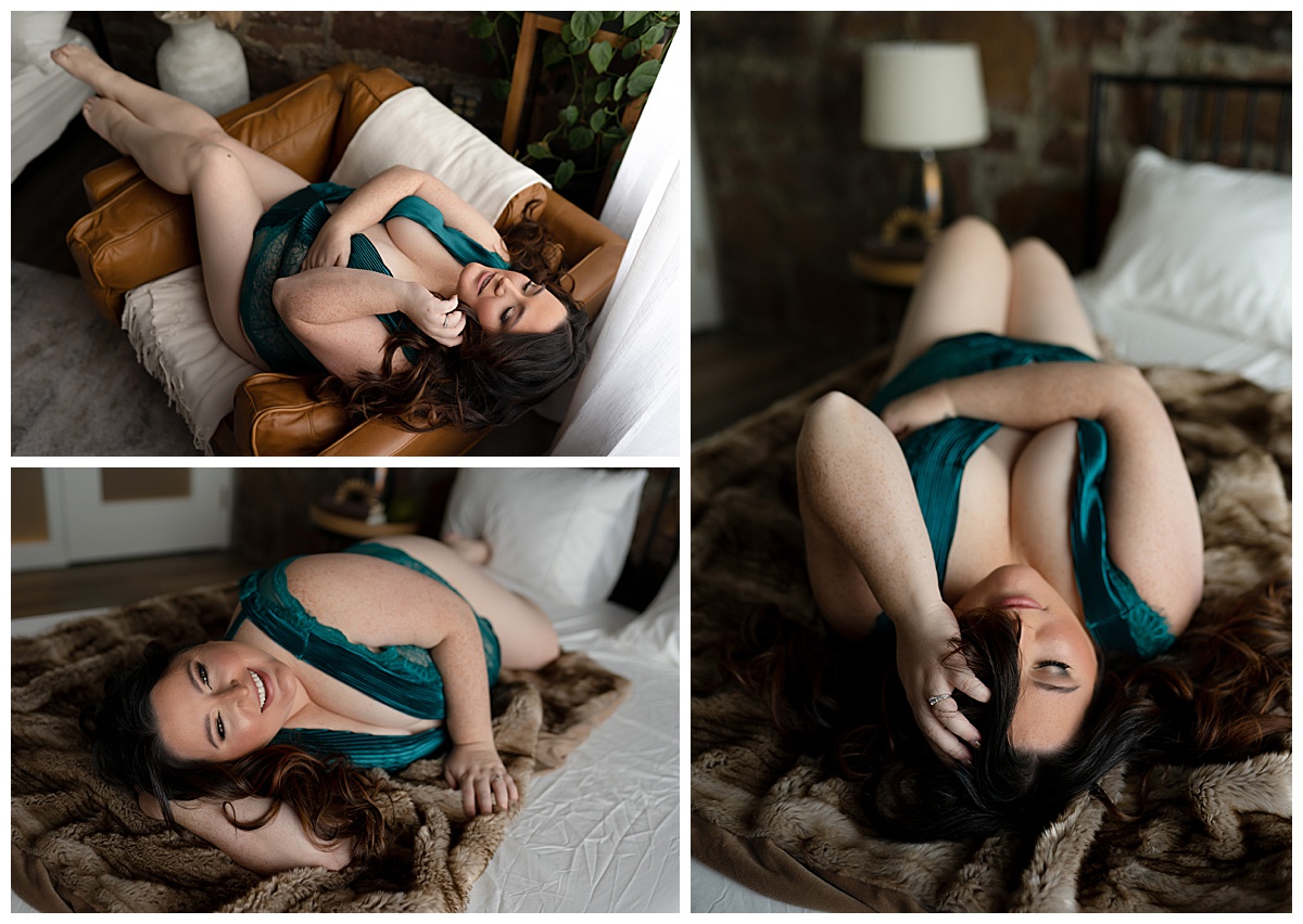 Woman lays on fur blanket for Sioux Falls Boudoir Photographer