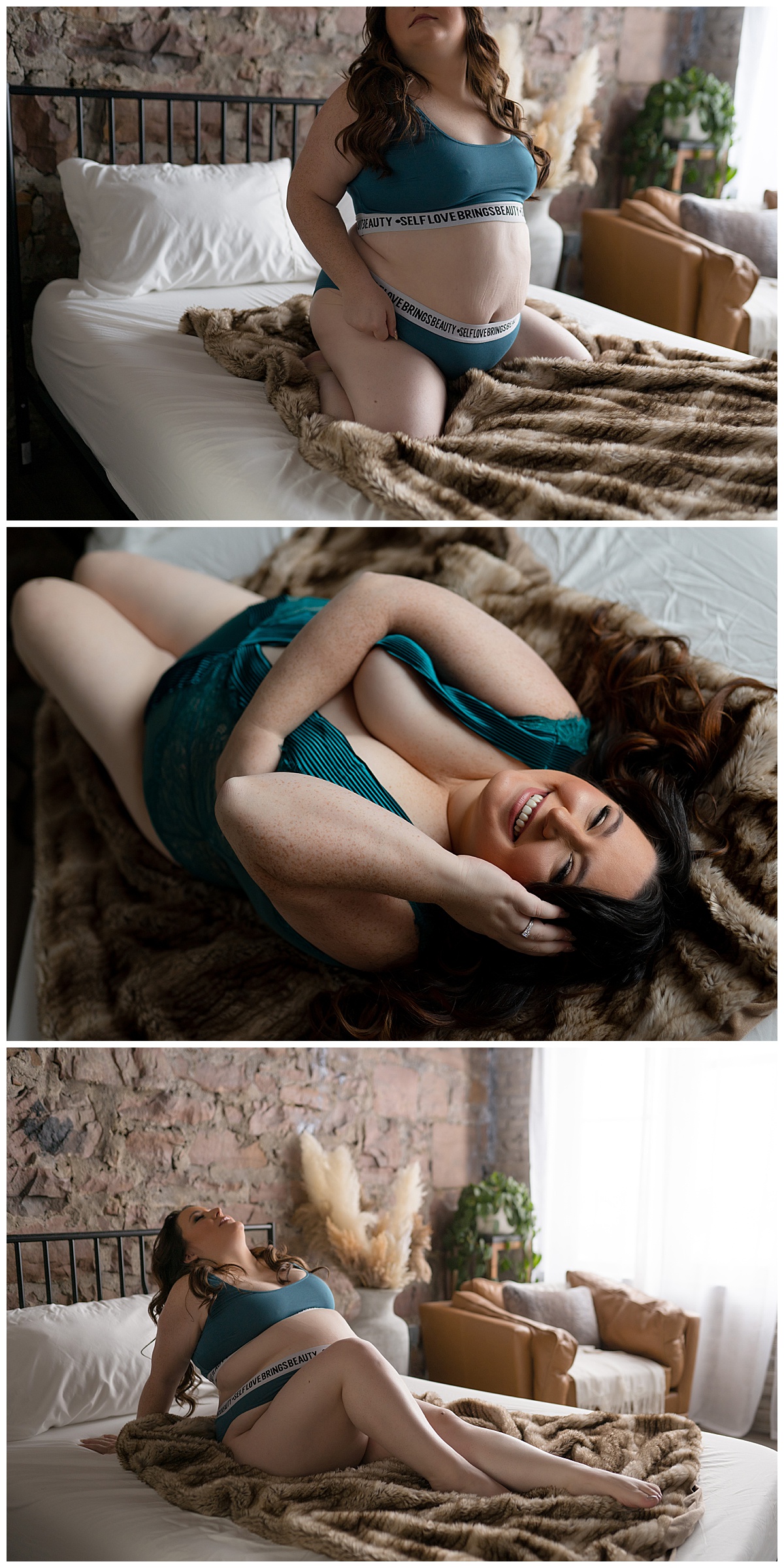 Adult lays and kneels on bed for Emma Christine Photography