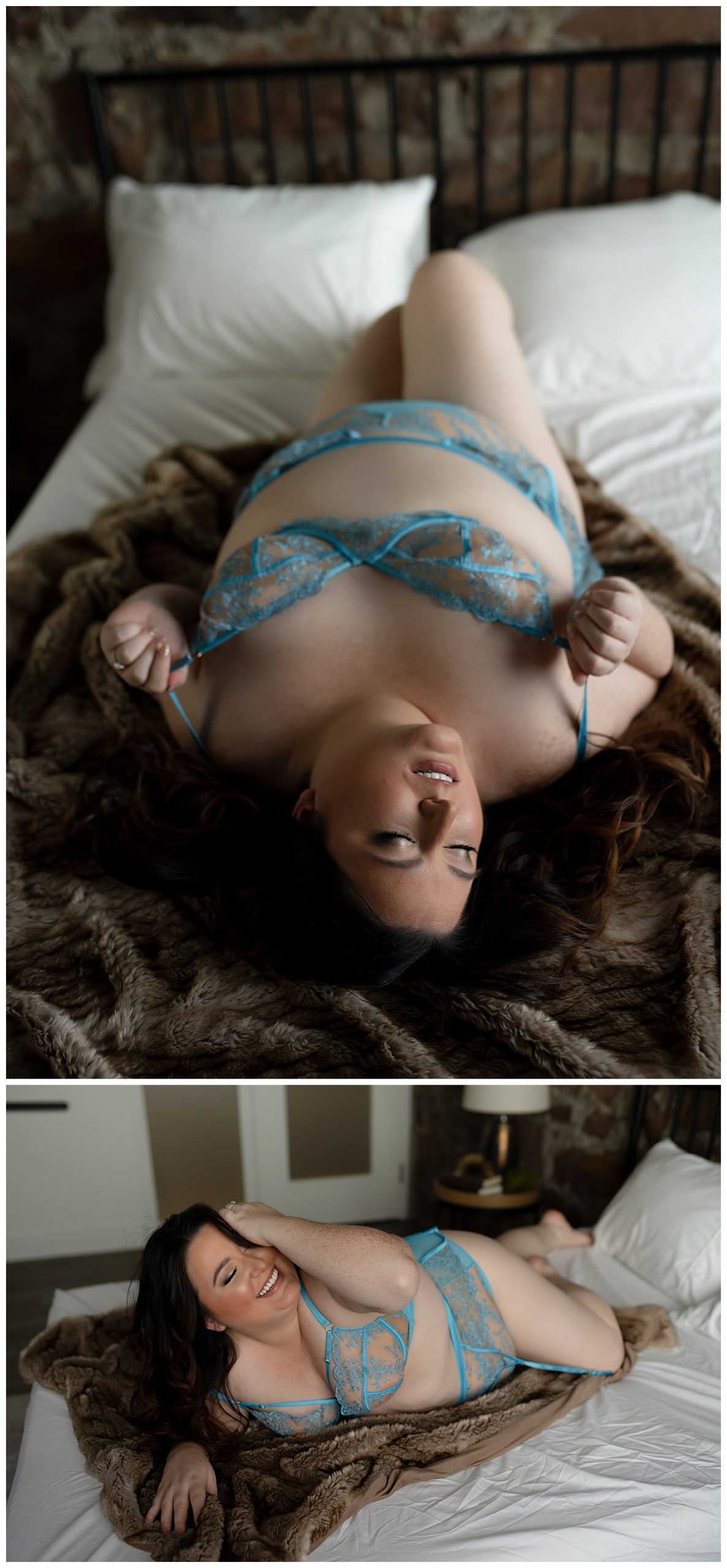 Adult lays on bed in teal lingerie for Sioux Falls Boudoir Photographer