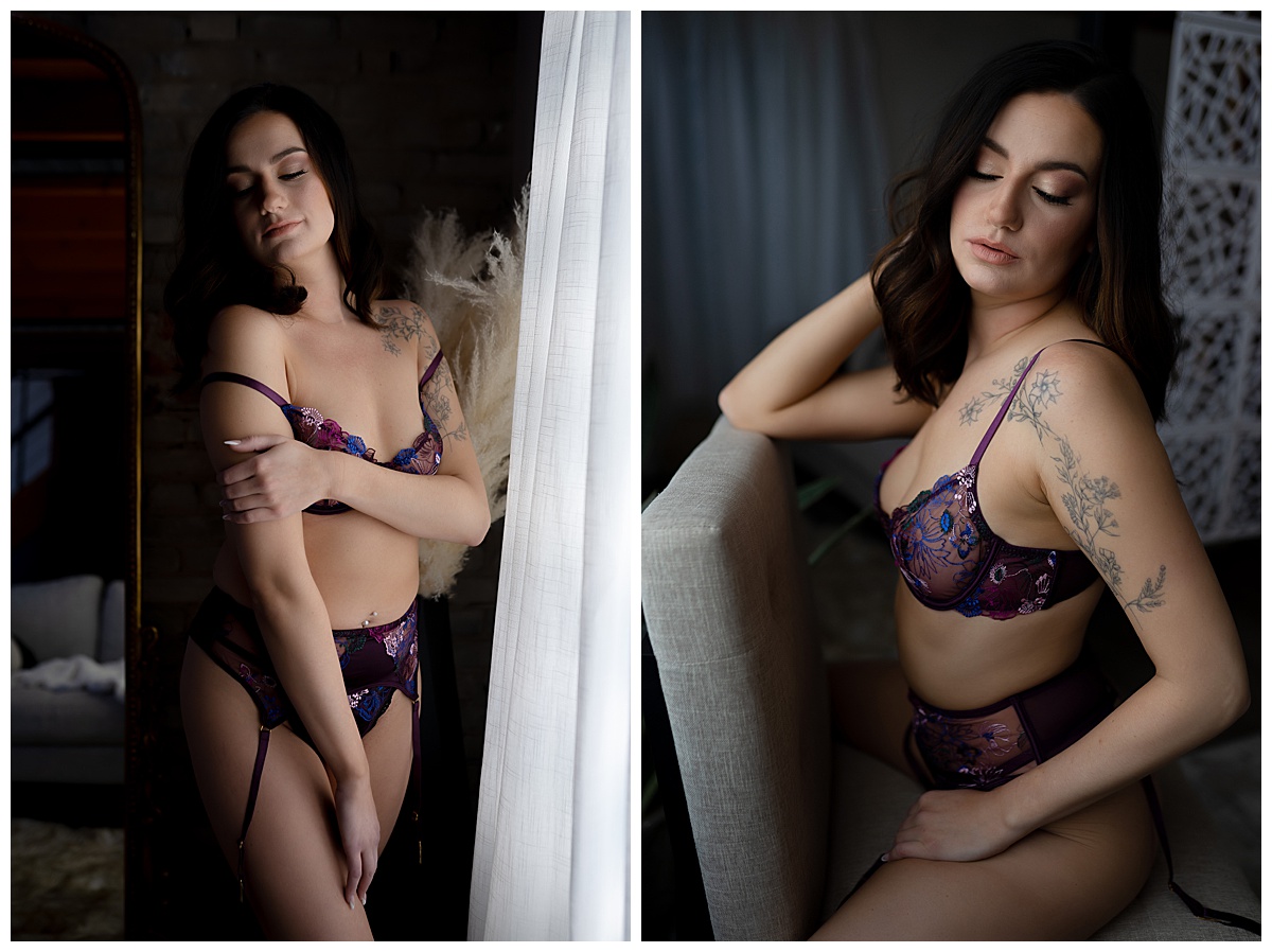 Adult sits in purple lingerie for Emma Christine Photography