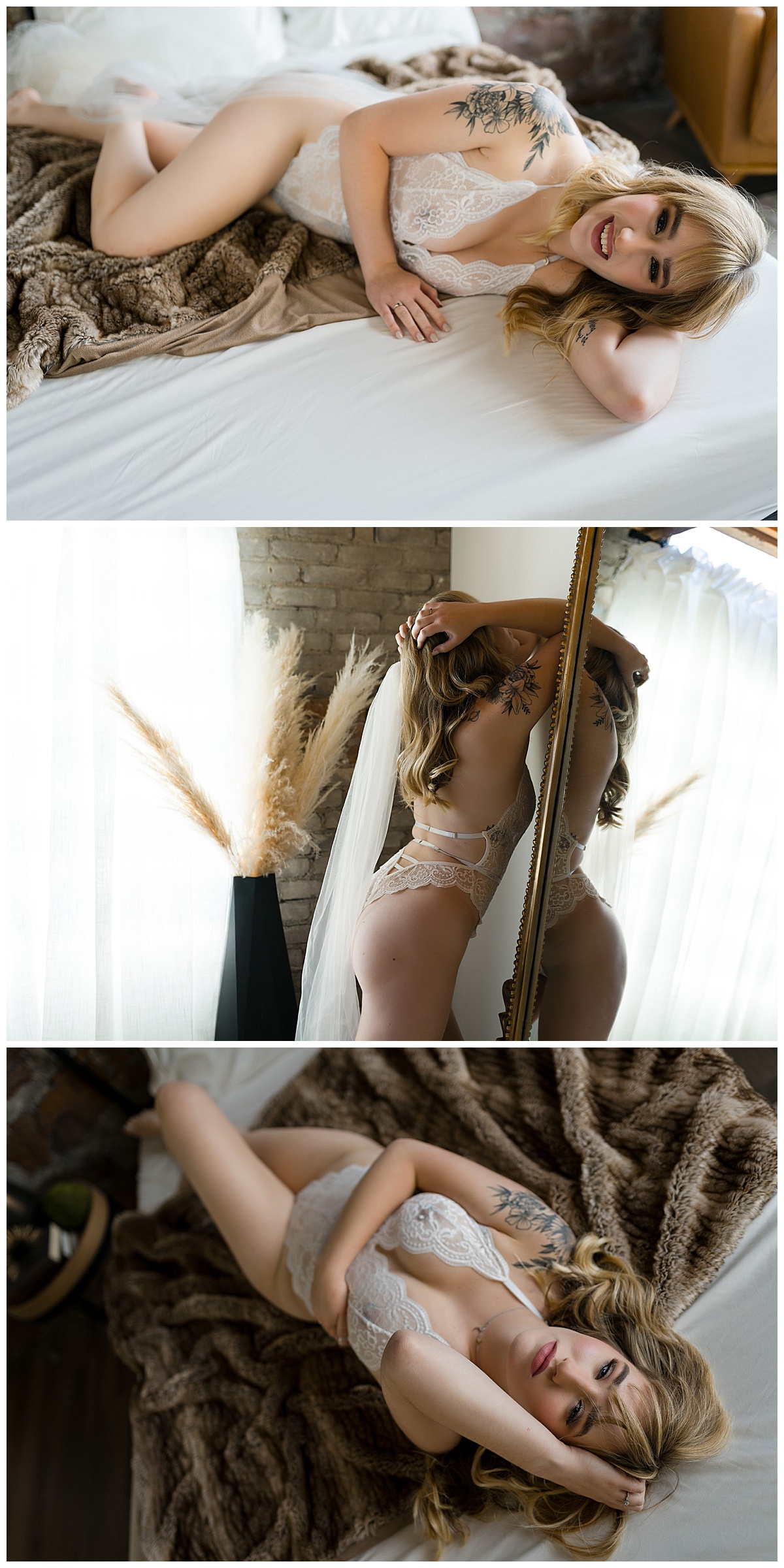 Blonde lays on bed in front of mirror in lingerie for Sioux Falls Boudoir Photographer