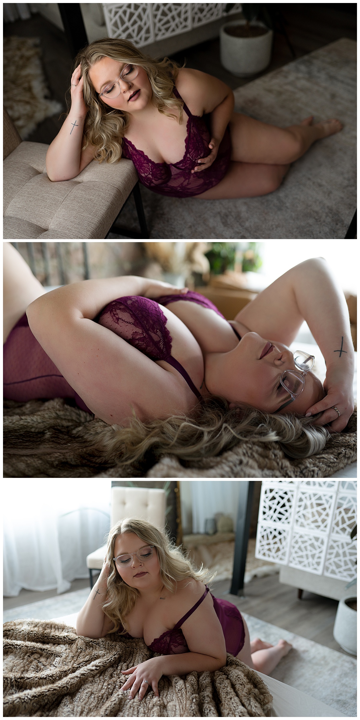 Woman lays on floor and edge of bed in shades of red lingerie 