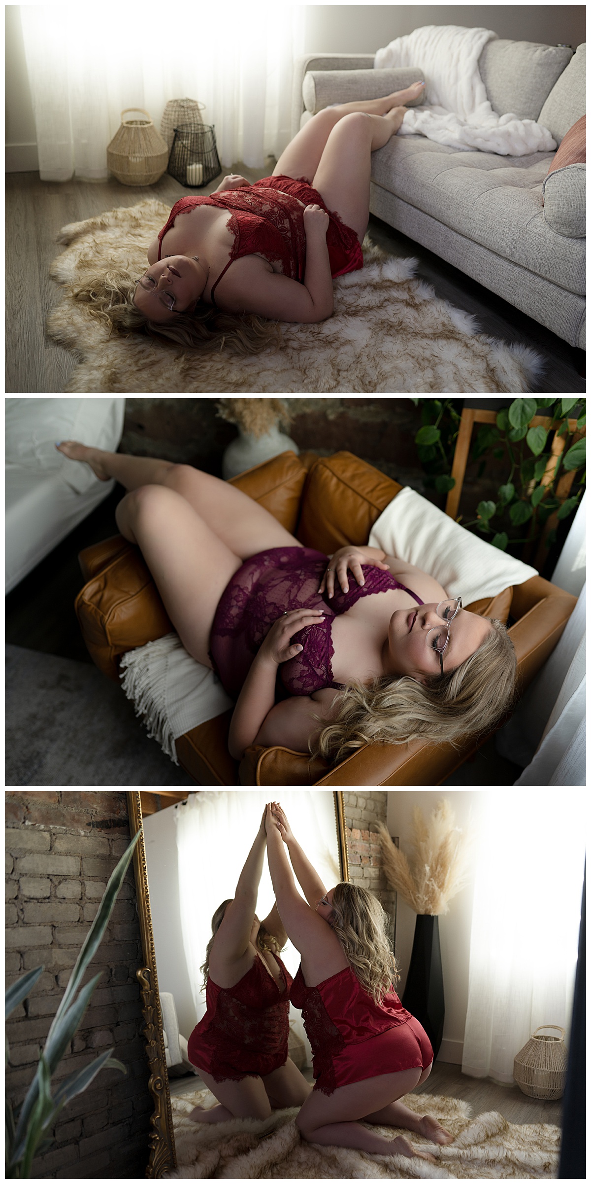 Lady lays on couch and floor for Emma Christine Photography