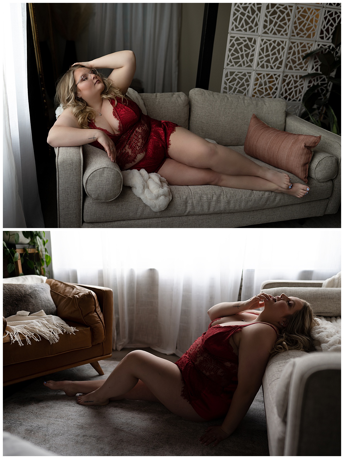 Girl leaning on couch for  Emma Christine Photography
