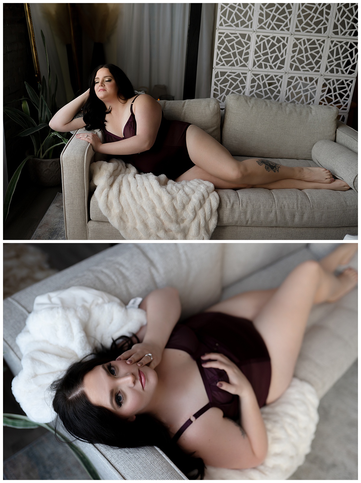 Person lays and sits on couch in lingerie wearing Spring Lingerie Colors