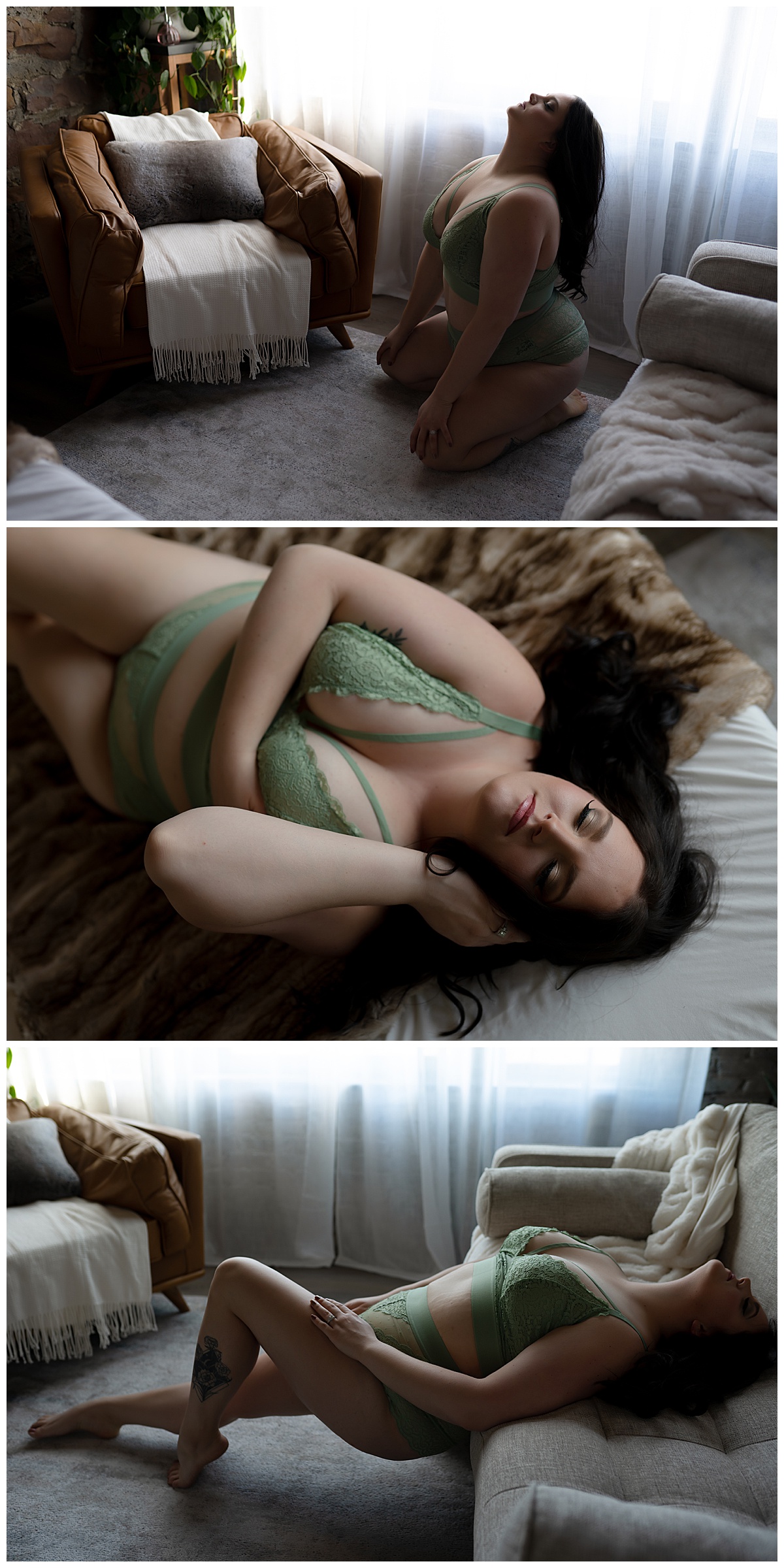Woman kneels by couch and lays on bed wearing Spring Lingerie Colors
