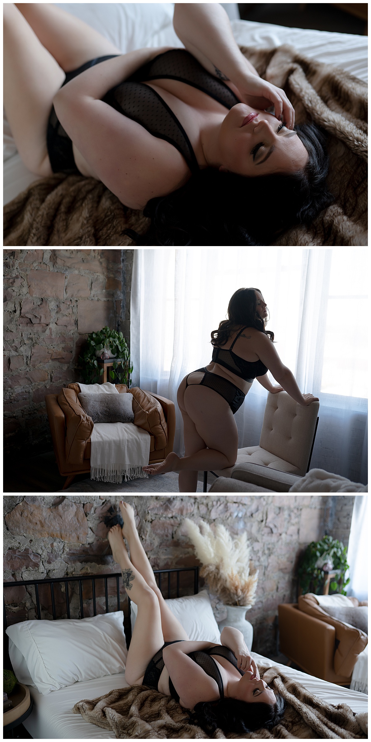 Female lays on bed in black lingerie for Sioux Falls Boudoir Photographer