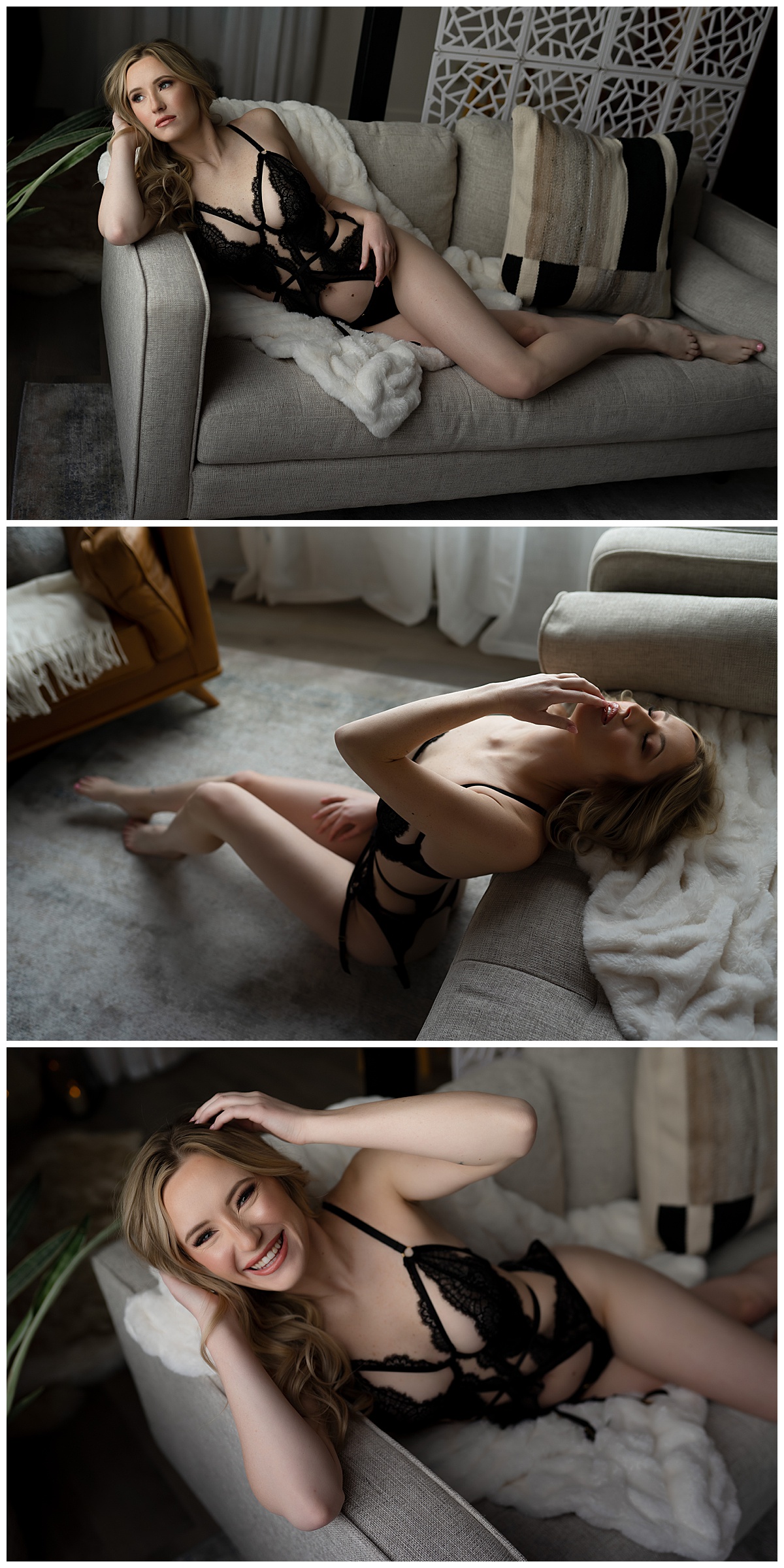 Adult in lingerie lays on couch for Emma Christine Photography