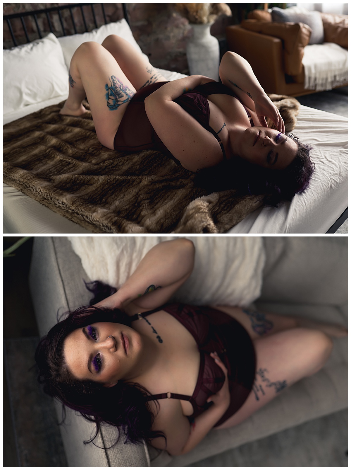 Adult lays on bed in lingerie for Sioux Falls Boudoir Photographer