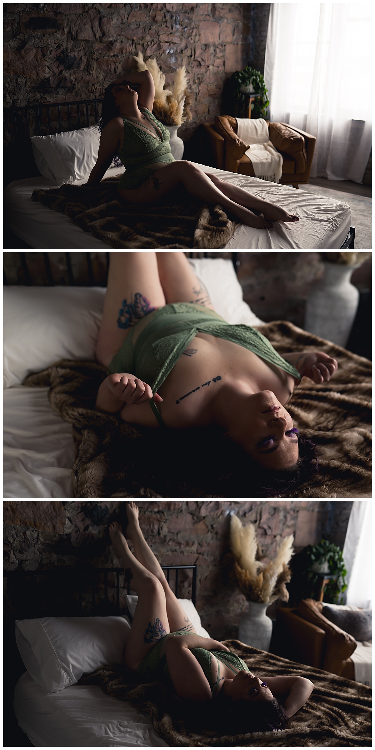 Girl in green lingerie lays on bed for  Emma Christine Photography