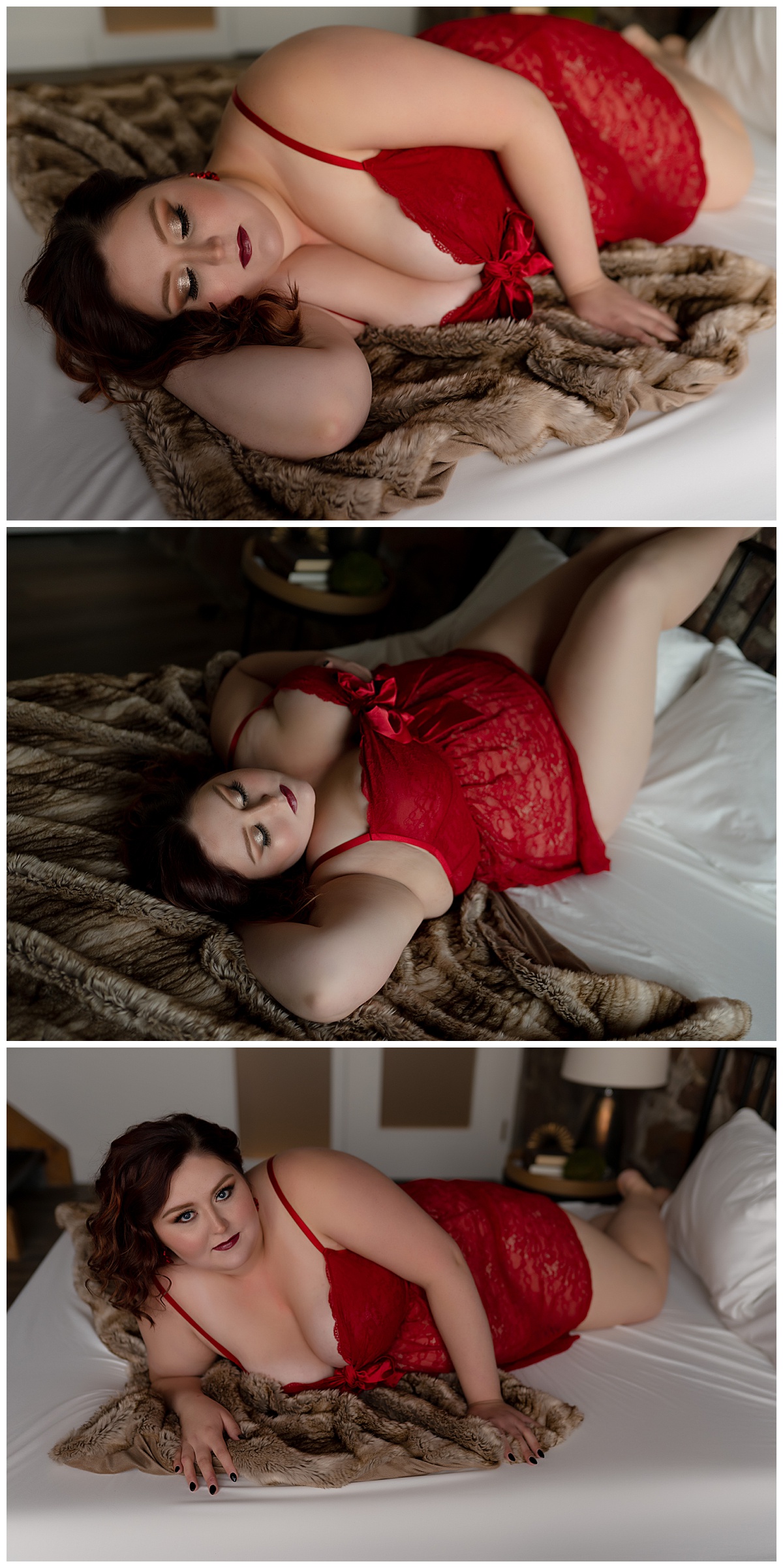 Girl lays in fur blanket in red outfit for  Emma Christine Photography