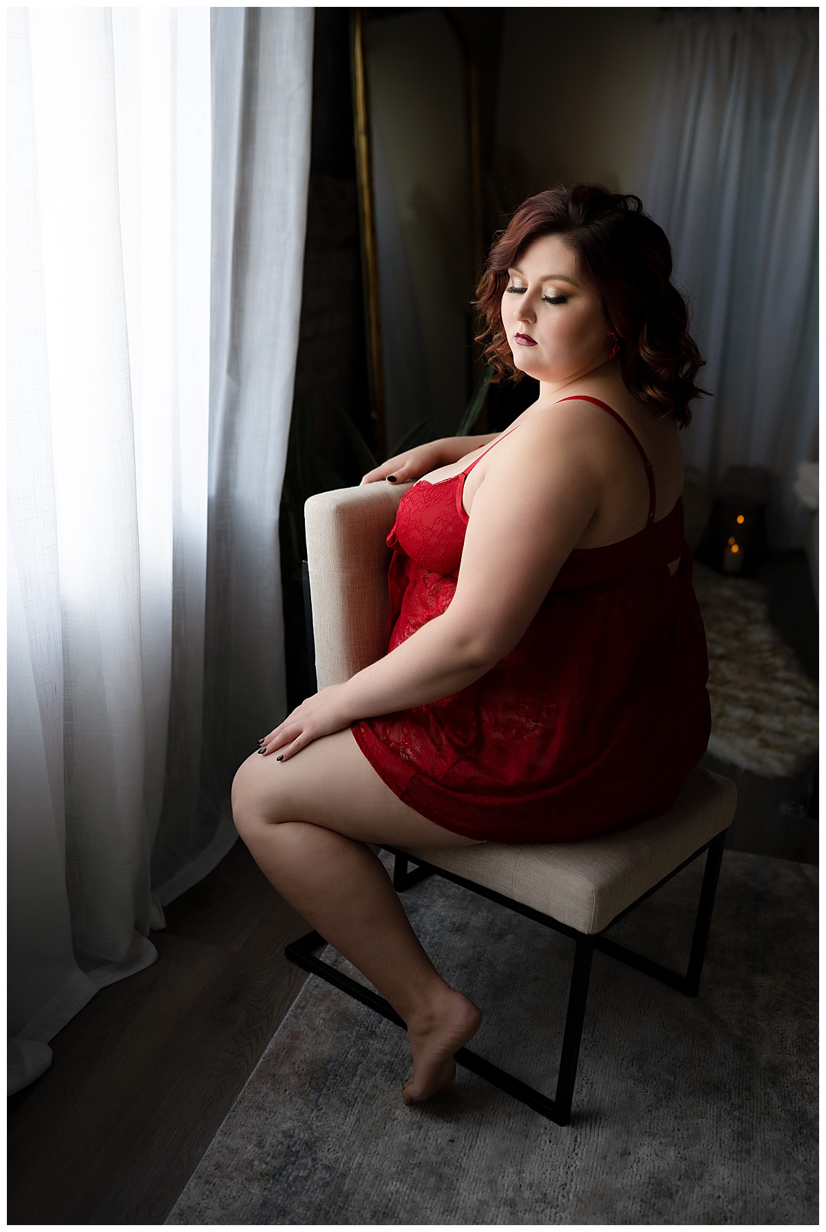 Lady participating in doing something for yourself by sitting on chair in red lingerie 