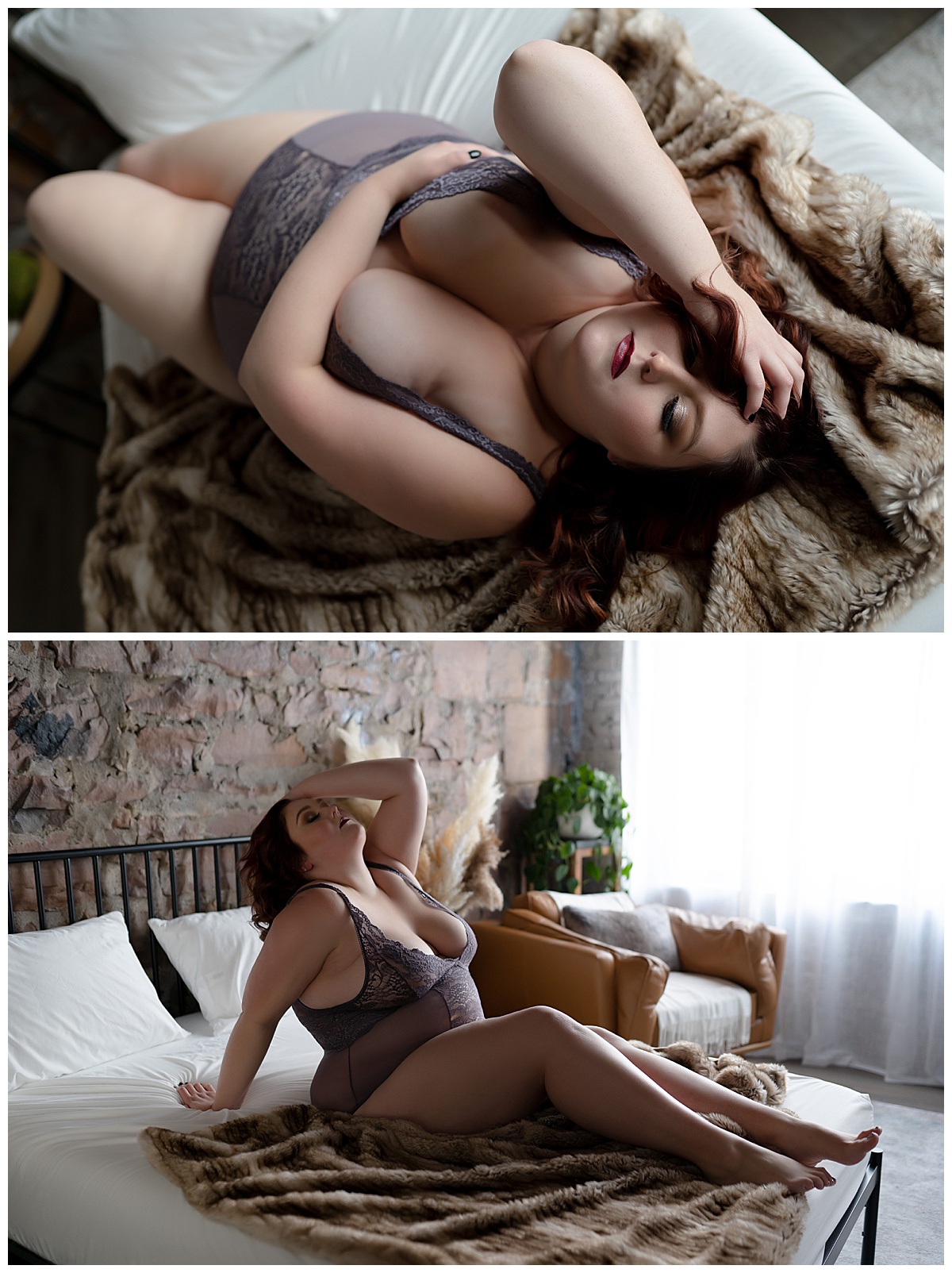 Person in purple lingerie sitting on bed for Emma Christine Photography