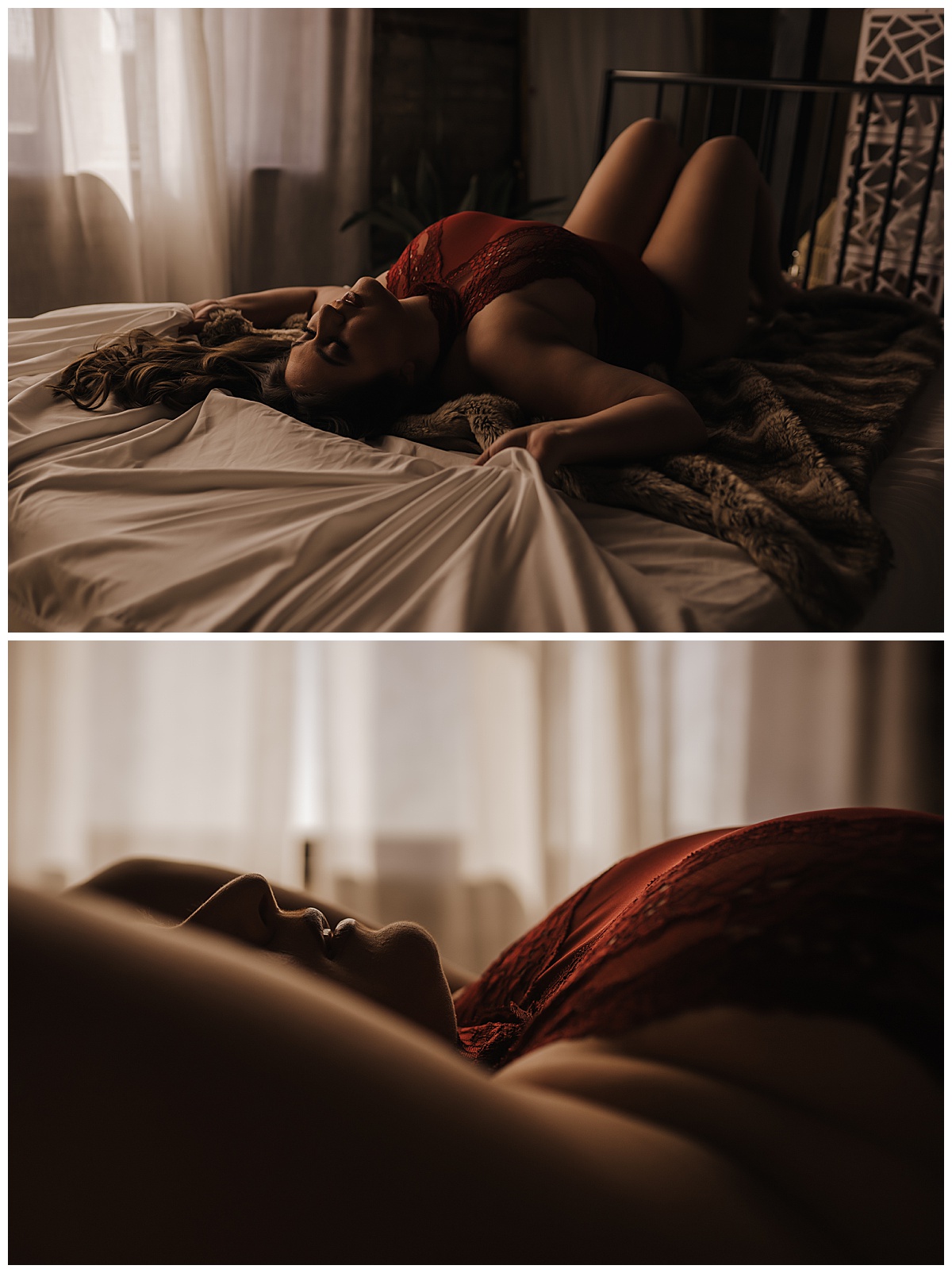Girl lays on bed and grabs sheets for Sioux Falls Boudoir Photographer