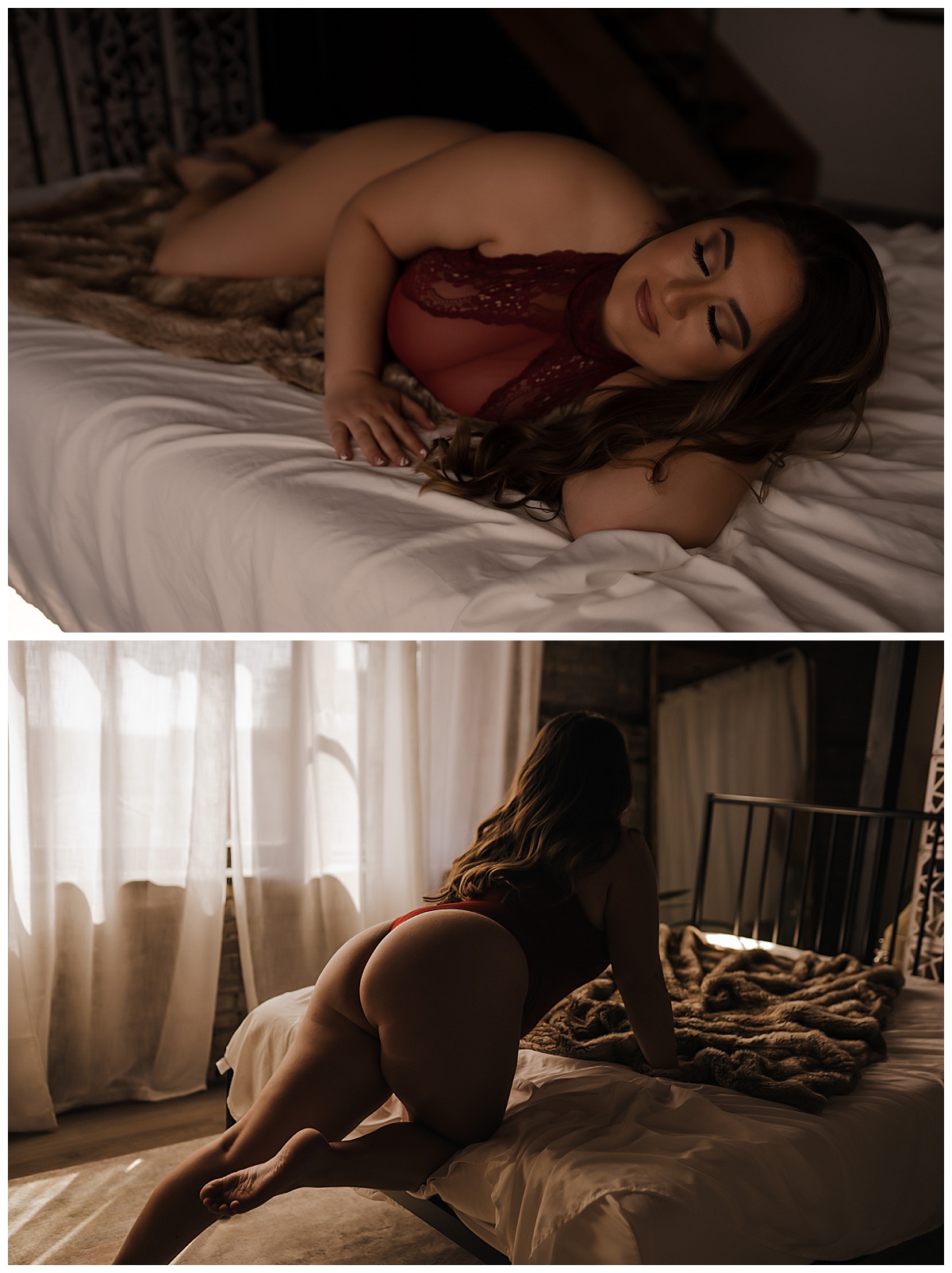 Female lays on bed in red lingerie for Emma Christine Photography