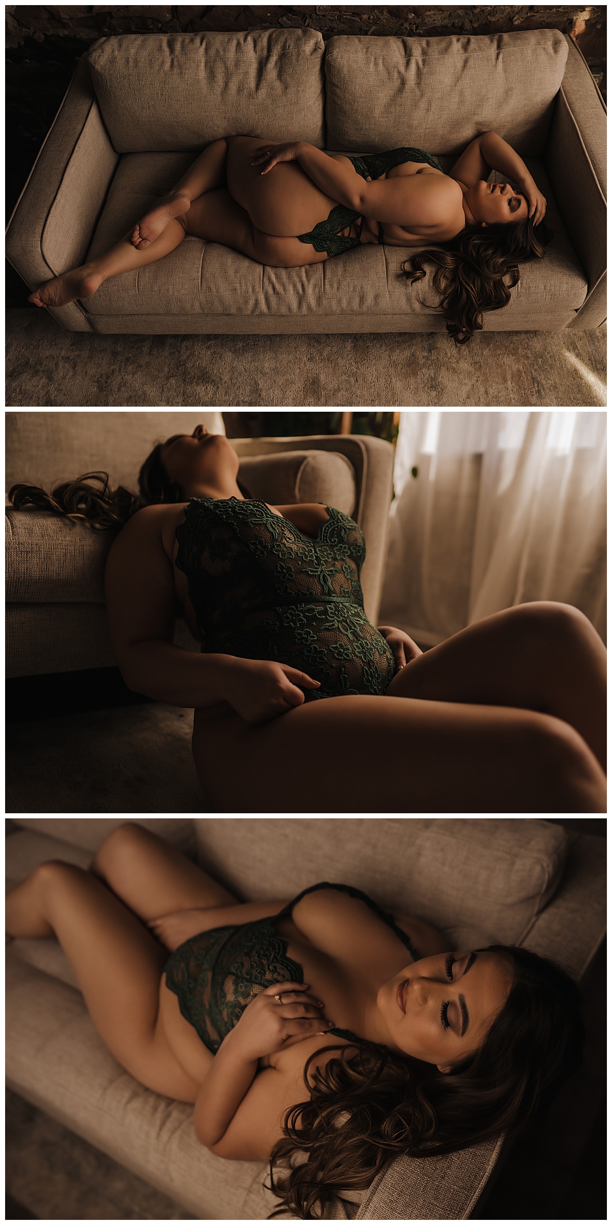 Girl lays on couch in lingerie for Sioux Falls Boudoir Photographer