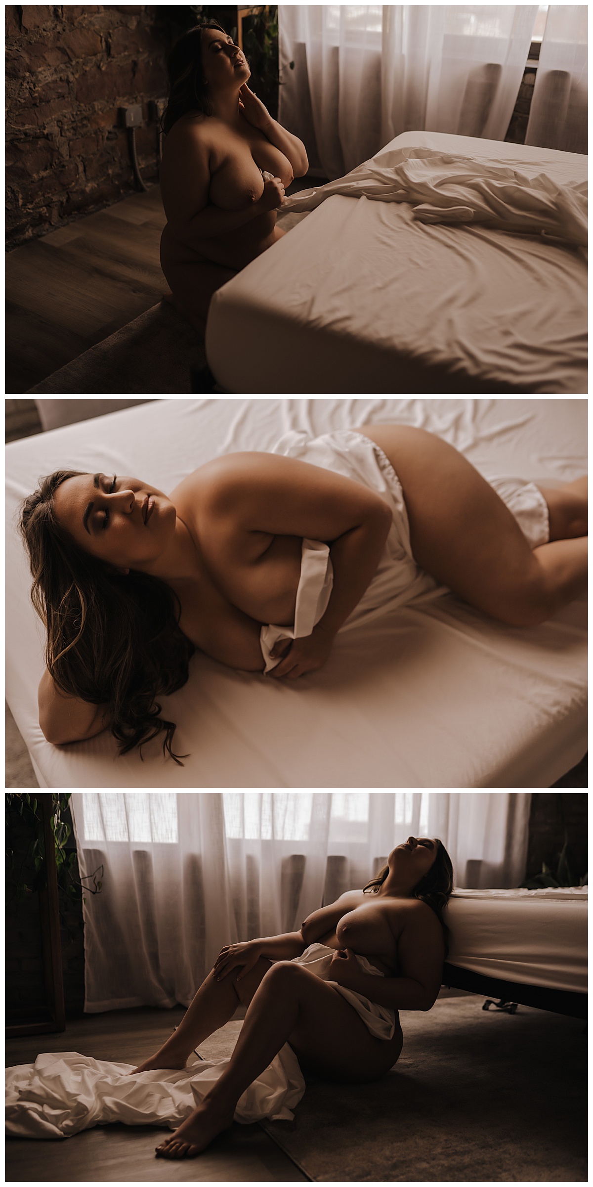 Female sits on edge of bed and covers with white sheet for  Emma Christine Photography