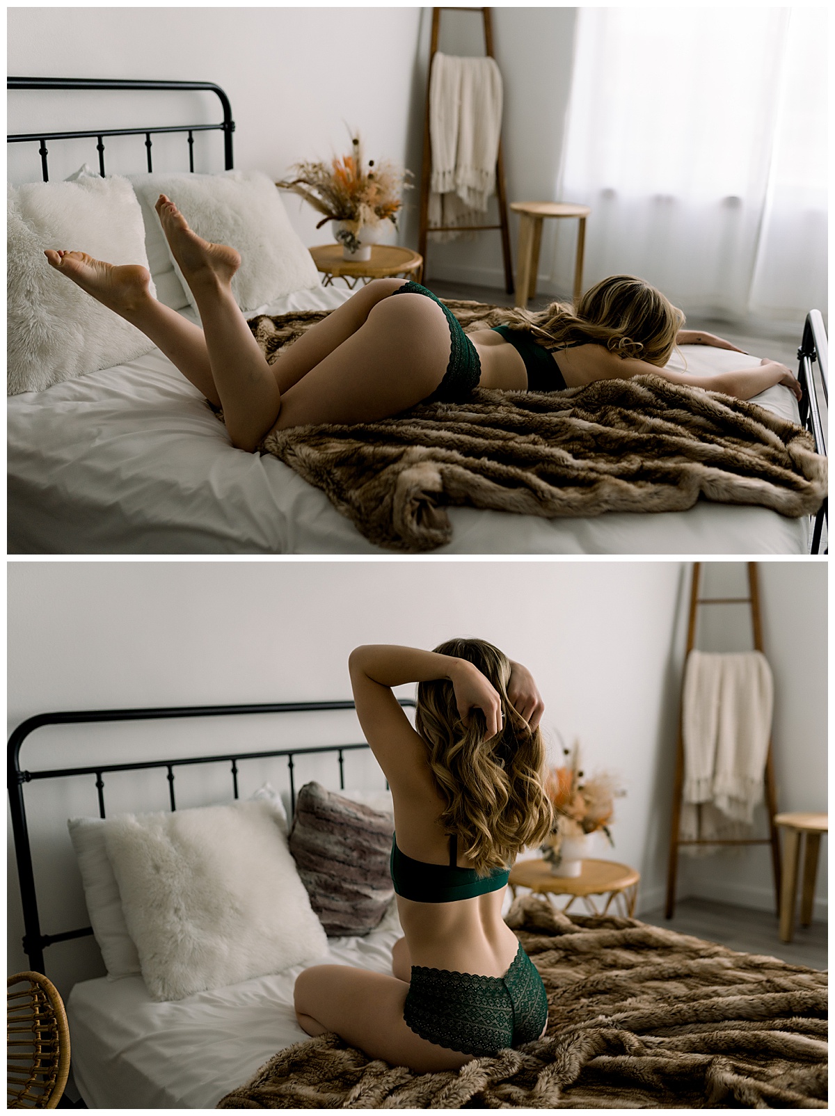Female lays on bed wearing green lingerie for Emma Christine Photography
