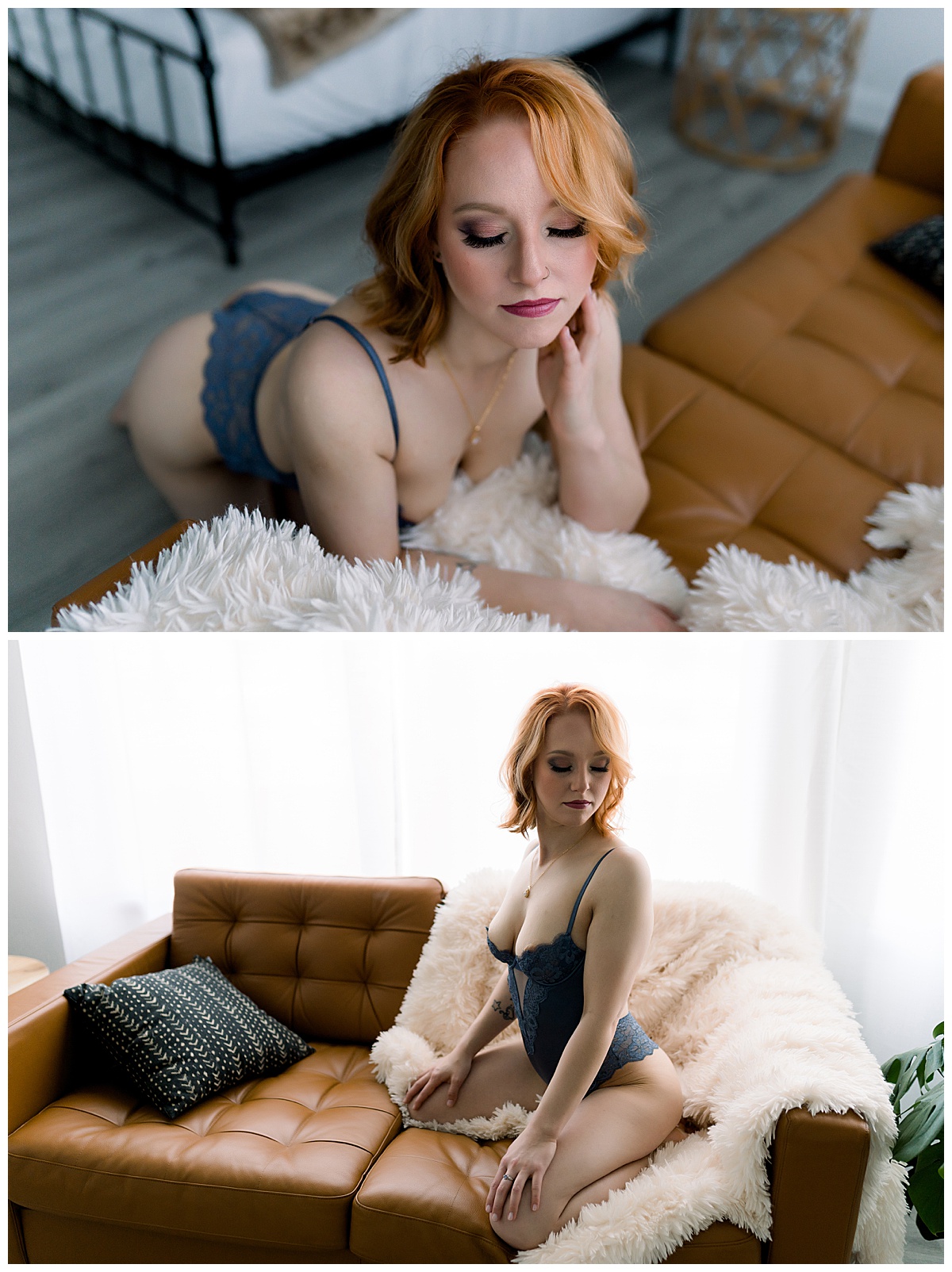 Woman sits on couch in blue lingerie for Sioux Falls Boudoir Photographer