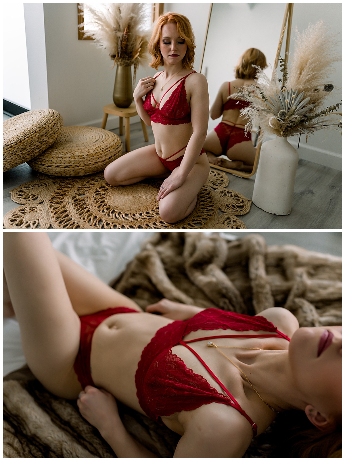Woman kneels and lays down wearing red lingerie for Emma Christine Photography