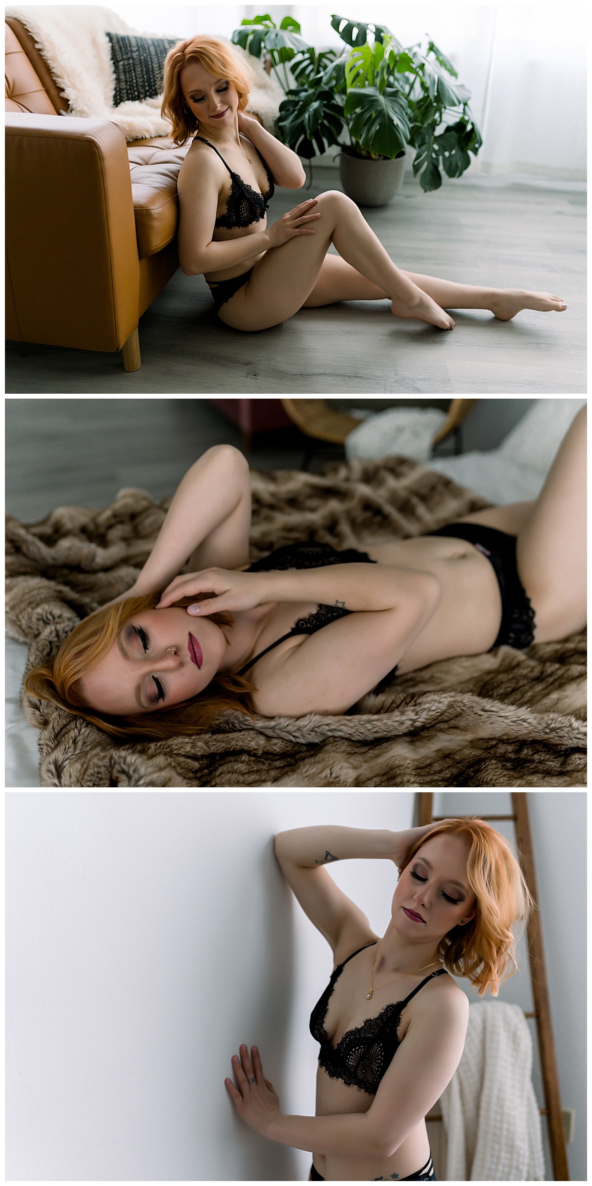 Female runs fingers through hair while laying on floor and leaning against the wall for Sioux Falls Boudoir Photographer