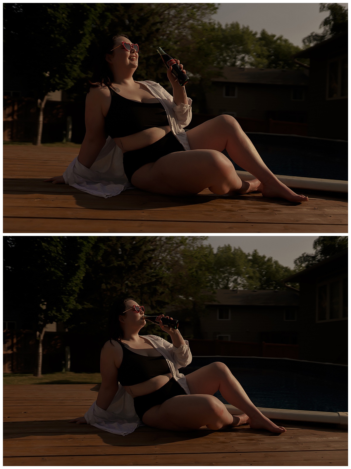 Woman sits on deck wearing bathing suit and cover up for Sioux Falls Boudoir Photographer