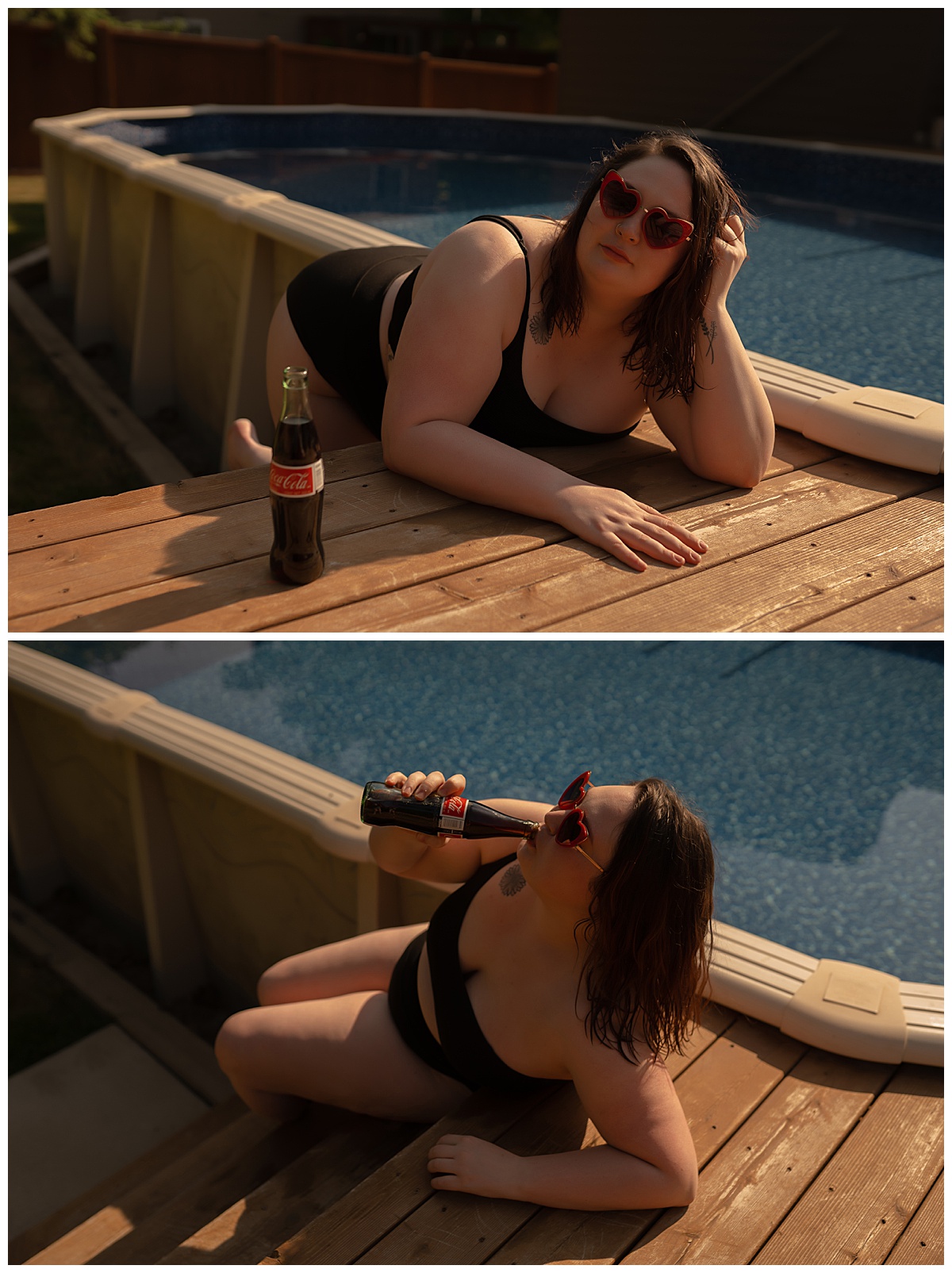 Woman lays on pool deck steps wearing a black bathing suit Sioux Falls Boudoir Photographer