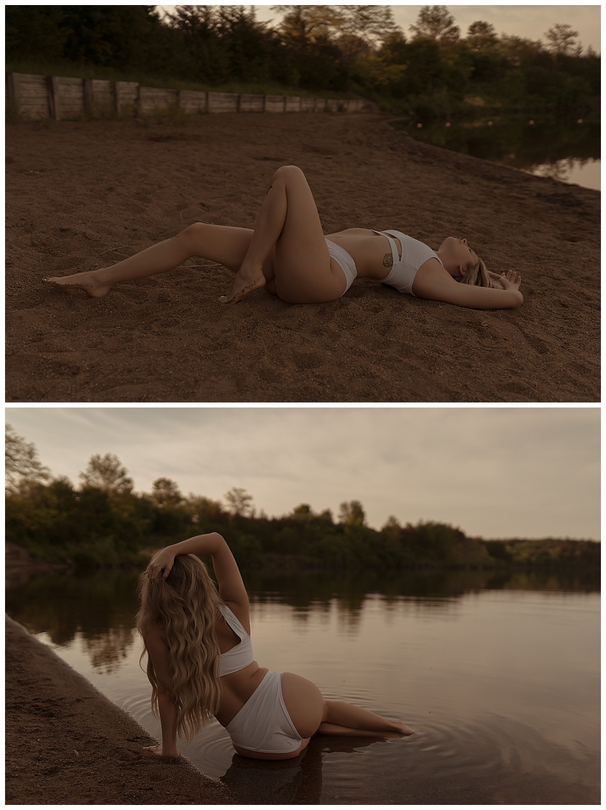 Woman lays on the sand and sits in water for Sioux Falls Boudoir Photographer