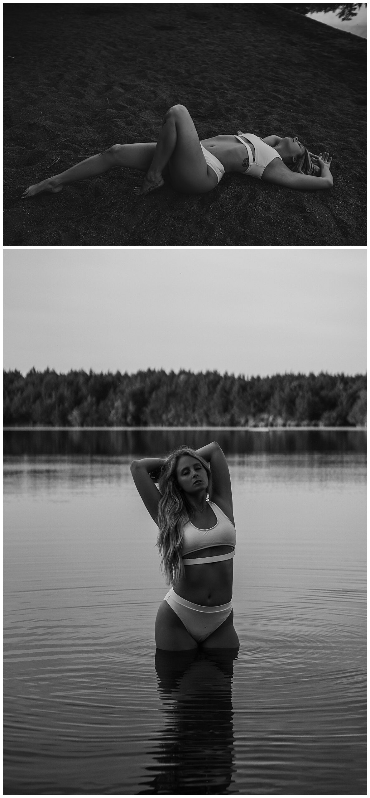 Female sits in the sand and stands in the water for Emma Christine Photography